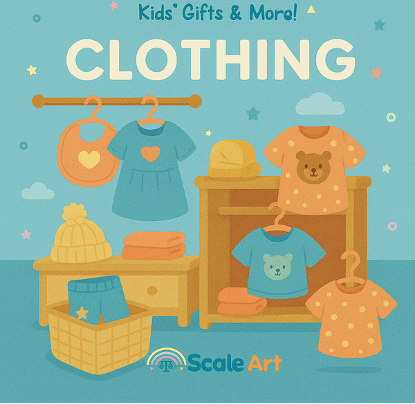 Advertisement for Scale Art Kids' Gifts & More clothing with colorful illustrations on a blue background.