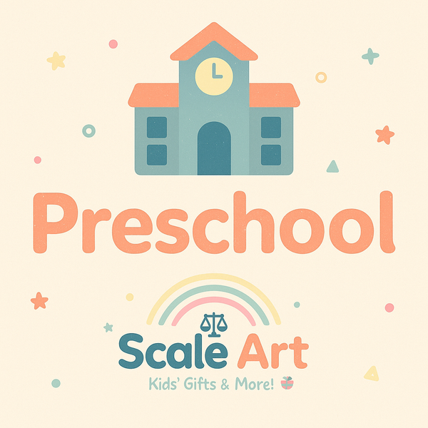 Preschool logo with a building and colorful text on a light background